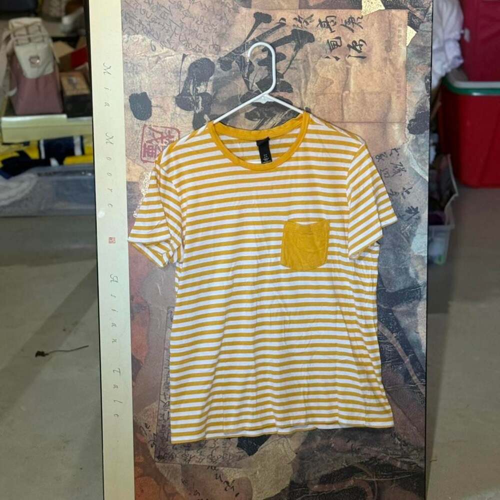 H&M Mustard Yellow and White Striped Pocket T-Shirt